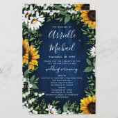 Navy Blue Sunflower Rustic Wood Wedding Programs (Voorkant / Achterkant)