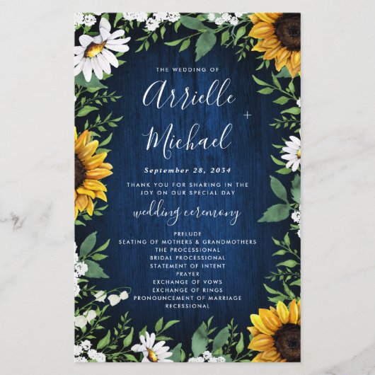Navy Blue Sunflower Rustic Wood Wedding Programs (Voorkant)