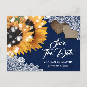 Navy Blue Sunflower Wedding Save the Date Briefkaa Aankondigingskaart