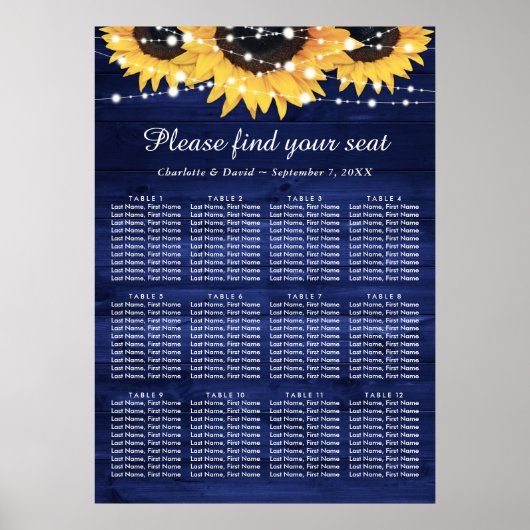 Navy Blue Sunflower Wedding Seating Chart 12 Poster (Voorkant)