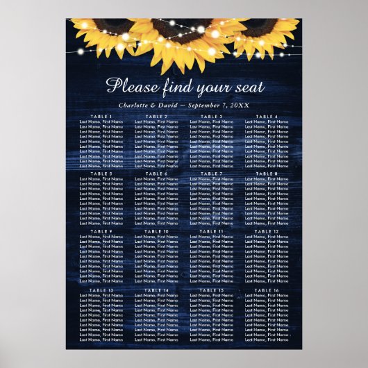 Navy Blue Sunflower Wedding Seating Chart 16 Poster (Voorkant)