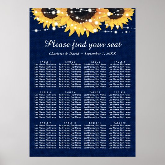 Navy Blue Sunflower Wedding Seating Plan 12 Poster (Voorkant)