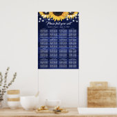 Navy Blue Sunflower Wedding Table Plan 16 Poster (Keuken)