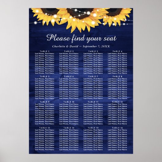 Navy Blue Sunflower Wedding Table Plan 16 Poster (Voorkant)