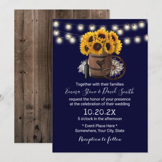 Navy Blue Sunflower Wood Barrel Rustic Wedding Kaart (Voorkant / Achterkant)