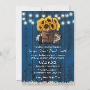 Navy Blue Sunflower Wood Barrel Rustic Wedding Kaart