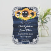 Navy Blue Sunflower Wood String Lights Wedding Kaart (Staand voorkant)