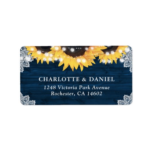 Navy Blue Sunflower Wood Wedding Address Labels (Voorkant)