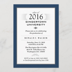 Navy Blue & Tan Formal Graduation Party Invite Kaart