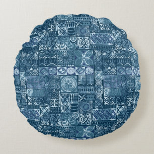 Navy Blue Tapa: Tribal Fabric Abstract Rond Kussen