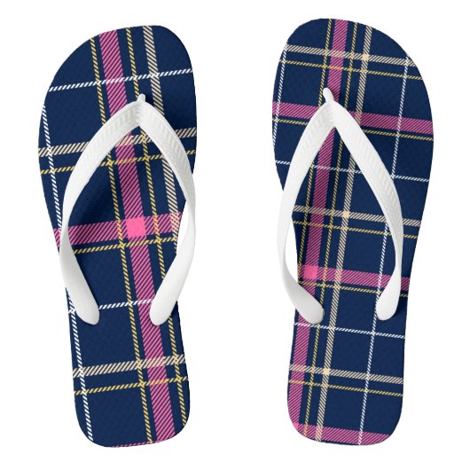 Navy Blue Tartan Plaid Navy Geel Wit Roze Teenslippers (Voetbed)