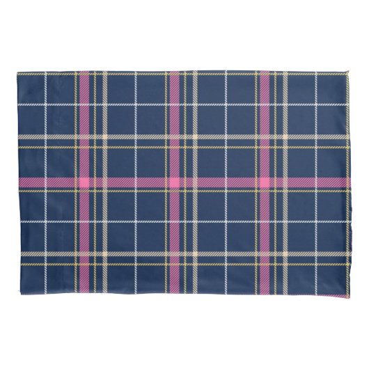 Navy Blue Tartan Plaid Roze Wit Gele Lijnen Kussensloop (Voorkant)