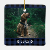 Navy Blue Tartan Pset Dog Foto Ornament (Achterkant)