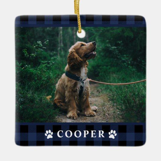 Navy Blue Tartan Pset Dog Foto Ornament (Voorkant)