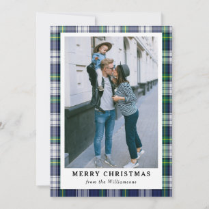 Navy Blue Tartan Pset Photo Merry-kerstkaart Feestdagenkaart