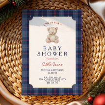 Navy blue teddy bear baby shower invitation