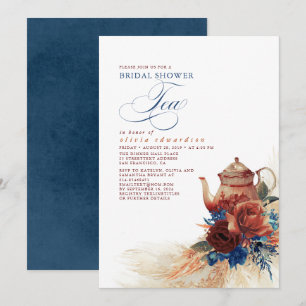 Navy Blue Terracotta Floral Vrijgezellenfeest Tea Kaart