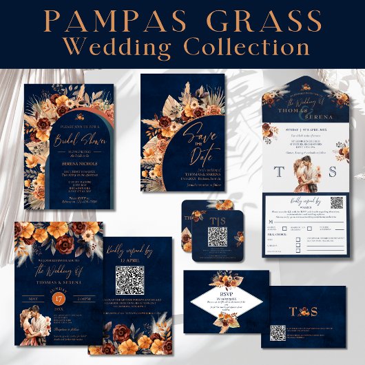 Navy Blue & Terracotta QR Code Save The Date Kaart