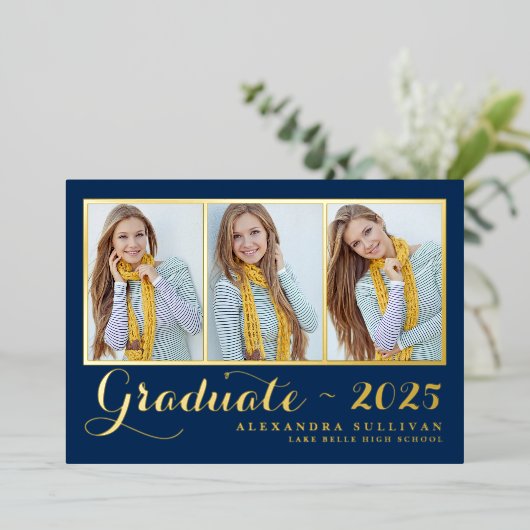 Navy Blue Three Photo Collage Afstuderen Folie Uitnodiging (Staand Voorkant)