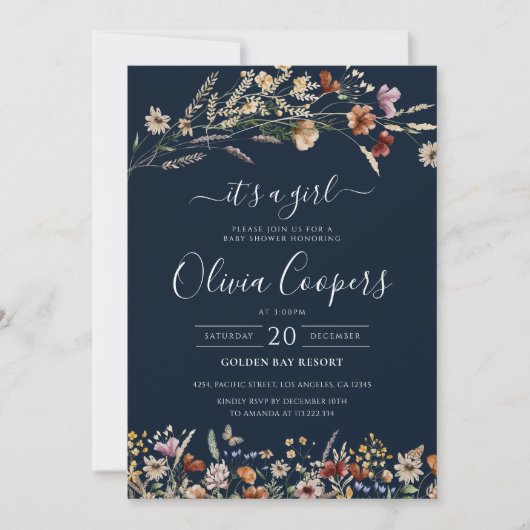 Navy Blue Tiny Wildflower Baby shower Uitnodiging (Voorkant)