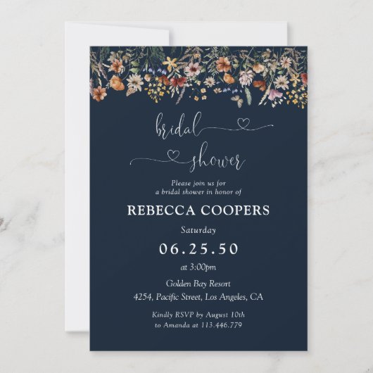 Navy Blue Tiny Wildflower Bridal Shower Uitnodigin Kaart (Voorkant)