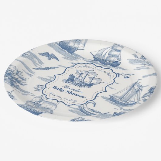 Navy Blue Toile Nautisch Baby shower Papieren Bordje (Gekanteld)