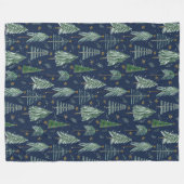 Navy Blue Tree Forest Waterverf Stars Bladerdak Fleece Deken (Voorkant (Horizontaal))