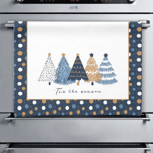 Navy Blue Trees Moderne Stippen Kerstnaam Theedoek