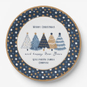 Navy Blue Trees Stippen Moderne kerstvakantie Papieren Bordje (Voorkant)