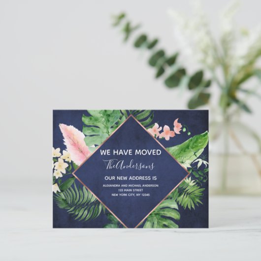 Navy Blue Tropical Floral Bewegende Aankondiging (Staand voorkant)