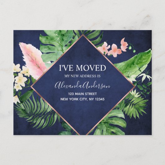 Navy Blue Tropical Floral Bewegende Aankondiging (Voorkant)