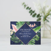 Navy Blue Tropical Floral Bewegende Aankondiging (Staand voorkant)