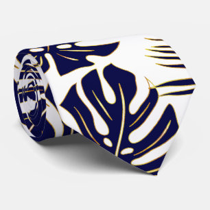 Navy blue tropical monstera en palmbladeren stropdas