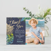 Navy Blue Tropical Pineapple Beach Party foto Bedankkaart (Staand voorkant)