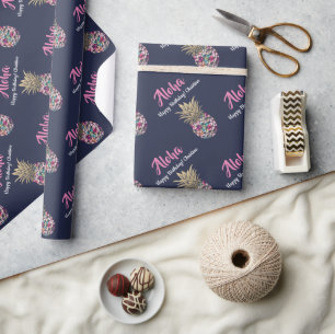 Navy Blue Tropical Pink Gold Pineapple Birthday Cadeaupapier