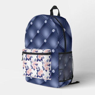 NAVY BLUE TUFTED LOOK PATROON MET ROZE ROZEN BEDRUKTE RUGZAK