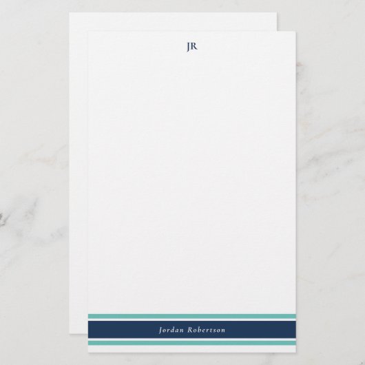 Navy Blue Turquoise Monogrammed Stationery Briefpapier (Voorkant / Achterkant)