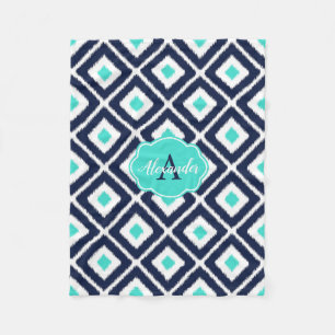 Navy Blue, Turquoise, White Ikat Diamond Fleece Deken
