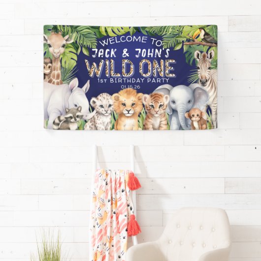 Navy Blue tweeling oerwoud dieren 1e verjaardag we Spandoek (Insitu)