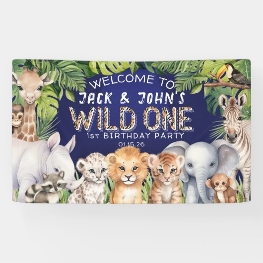 Navy Blue tweeling oerwoud dieren 1e verjaardag we Spandoek (Horizontaal)