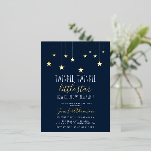 Navy Blue Twinkle Little Star Baby shower Folie Uitnodiging Briefkaart (Staand Voorkant)