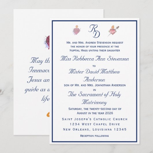 Navy-Blue Two Hearts Catholic Wedding Invitation (Devant / Derrière)