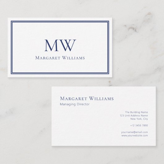 Navy Blue Two Letter Monogram Professional  Visitekaartje (Voorkant / Achterkant)
