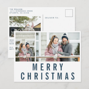 Navy Blue Typografie Merry kerstfoto Collage Briefkaart