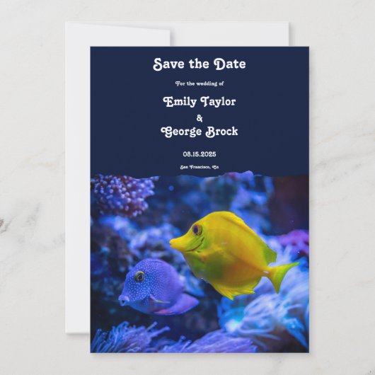 Navy Blue Underwater Zee Fish Kustbruiloft Save The Date (Voorkant)