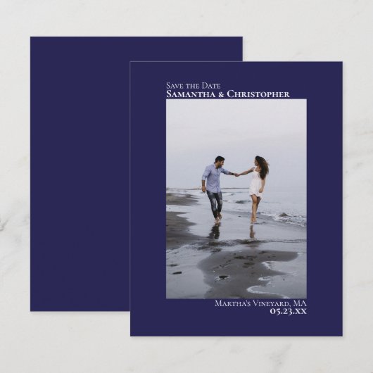 Navy Blue Vertical Photo Modern Minimalist Weddens Save The Date (Voorkant / Achterkant)