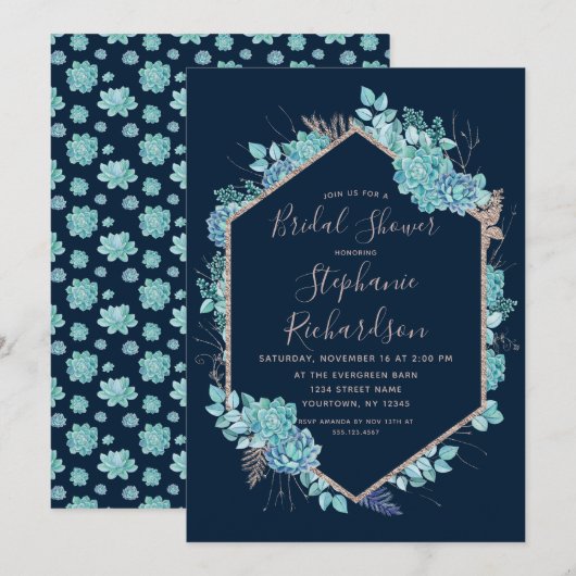Navy Blue vetplanten bruids douche uitnodiging (Voorkant / Achterkant)