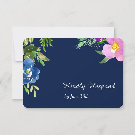 Navy Blue Violet Modern Floral Wedding RSVP (Voorkant)