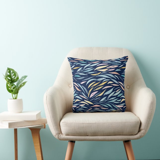 Navy Blue Waterverf Abstract Art Leaf Pattern Kussen (Stoel)