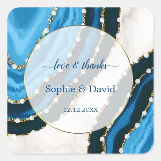 Navy Blue Waterverf Agate Pearls Wedding Vierkante Sticker (Voorkant)